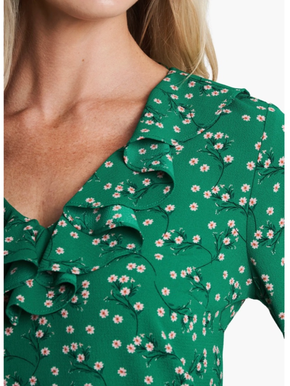 NWT CeCe Emerald Green Floral Ruffle Long-Sleeve Top